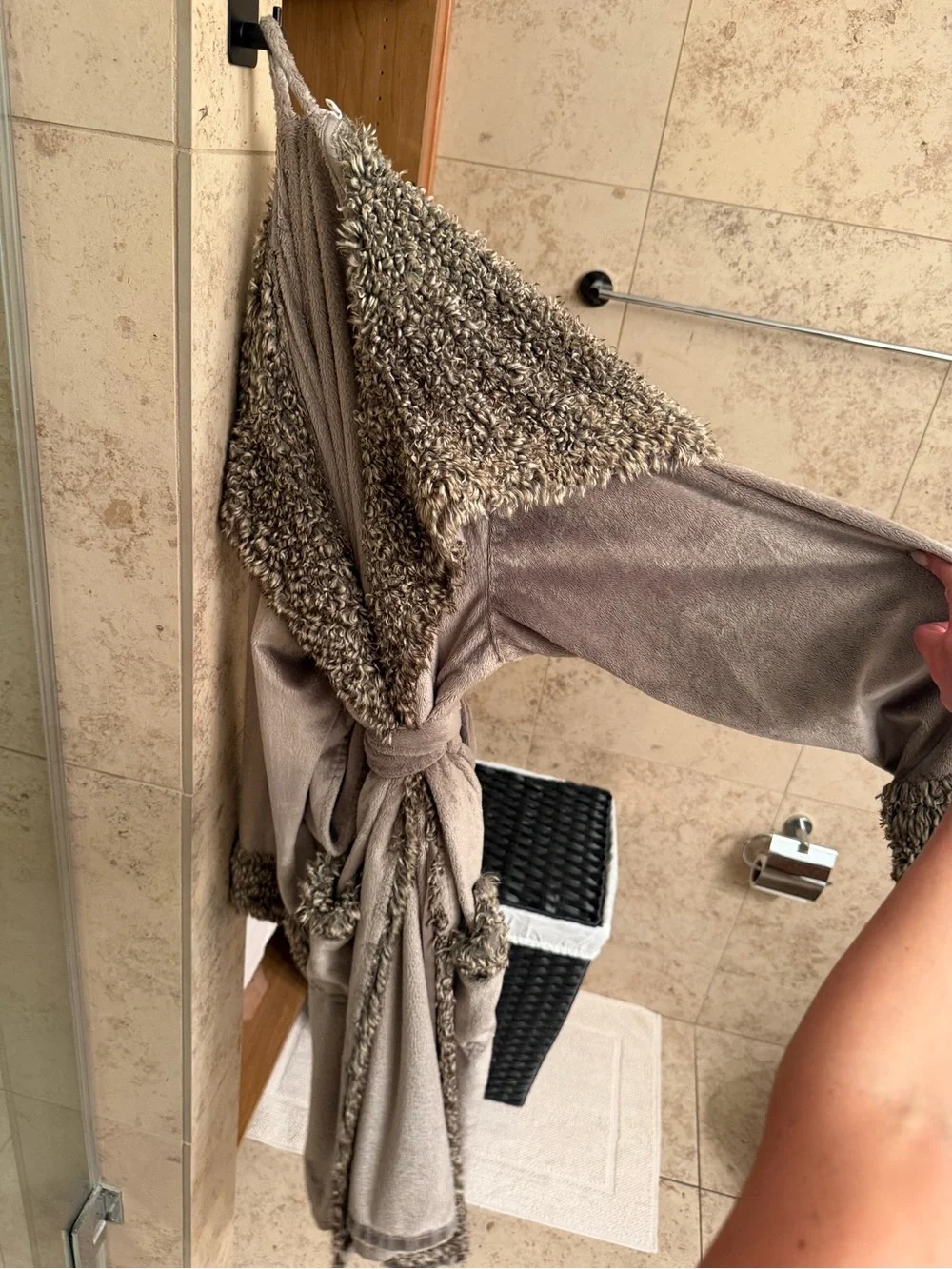 Pottery Barn Brown Hooded Bath Robe with Faux Fur Trim
